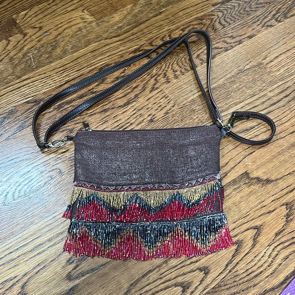 Egyptian beaded cross body purse in brown.